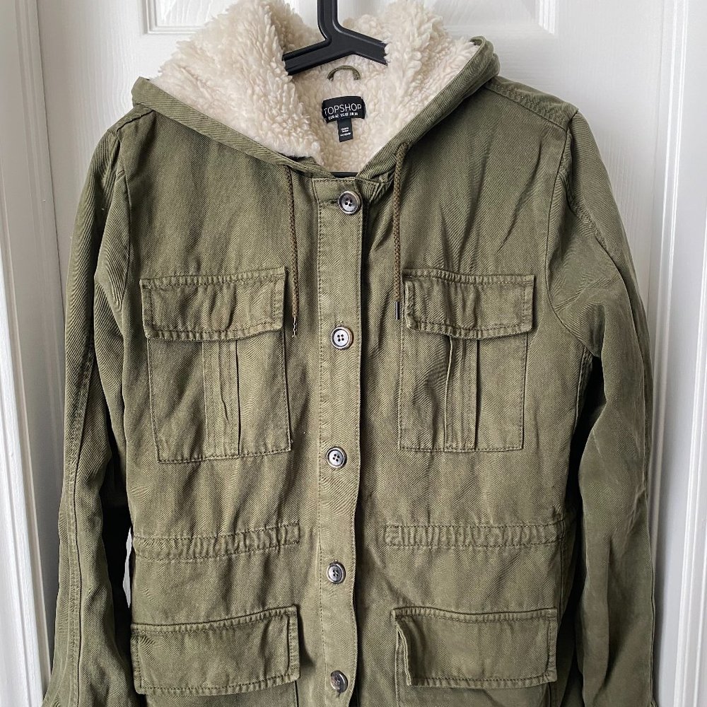 Size 10 Topshop shearling lined green field, utility coat